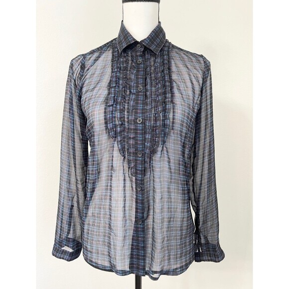 American Eagle Sheer Long Sleeve Ruffle Plaid Blouse. Size XS - Picture 1 of 8